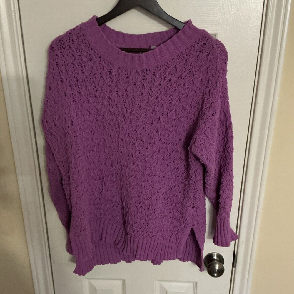 Seven7 Women Purple Open-Knit Pullover Sweater Crew Neck Long Sleeve Size M